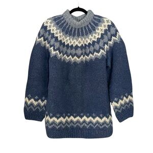 HAND KNIT Wool Chunky Knit Fair Isle Nordic Sweater Blue White XL